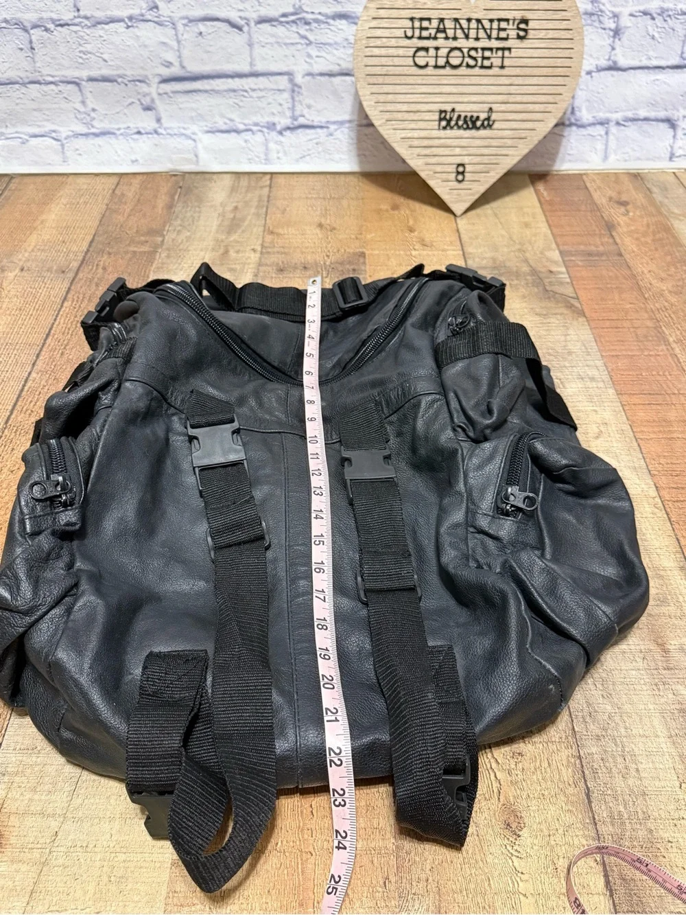 Heavy Duty Black Leather Motorcycle Backpack  Pre owned good condition.. there i